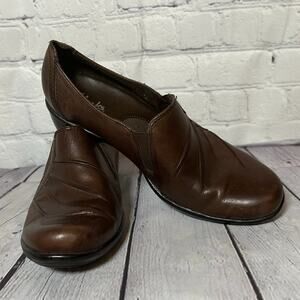 Clarks Partridge Brown Leather Slip-On Block Heel Comfort Loafers 89488 Sz 7.5